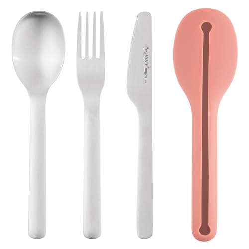 BergHOFF Leo Premium 18/10 Stainless Steel 4Pc Reusable Travel Flatware Set Knife Spoon Fork Sleeve with Silicone Sleeve Dishwasher safe, Pink