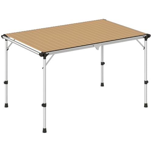 Outsunny Folding Camping Table, Adjustable Height Aluminum Table, Portable Camping Table for Picnic, Beach, BBQ, Light Brown
