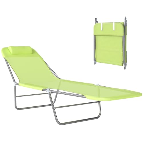 Outsunny Folding Chaise Lounge Pool Chairs, Outdoor Sun Tanning Chairs with Pillow, Reclining Back, Steel Frame & Breathable Mesh for Beach, Yard, Patio, Green - color: Green