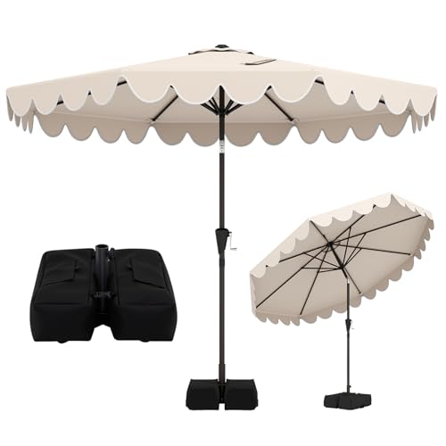 Tangkula 10 FT Patio Umbrella with Base Included, 2-Tiers Outdoor Scalloped Table Umbrella with 2 Sandbags, Tilt Adjustment, Crank, 8 Ribs for Market Backyard Pool Deck Beach Lawn - color: Beige, size: 10 FT