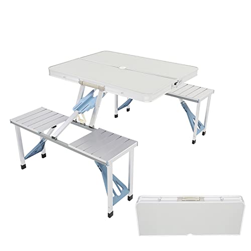Outvita Portable Picnic Table with Seats, Folding One-Piece Dining Table Set with Suitcase Umbrella Hole for BBQ Gathering Travel Party Beach Patio - color: Silver