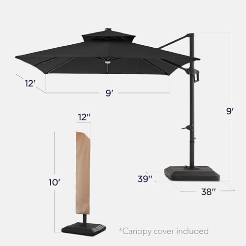 Best Choice Products 9x12ft LED Cantilever Patio Umbrella w/Base Included & 360° Rotation, Large Solar Offset Hanging Outdoor Sun Shade for Deck, Backyard Table w/Stand & Lights – Gray - color: Gray, size: 9x12ft