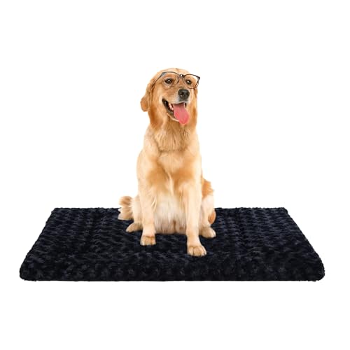 Washable Dog Bed Mat Soft Dog Crate Pad Fluffy Pet Kennel Beds Sleeping Mattress with Non-Slip Bottom for Large Jumbo Medium Small Dogs, 41 x 27 Inch, Black - color: Black, size: 41.00" x 27.00" x 1.50"