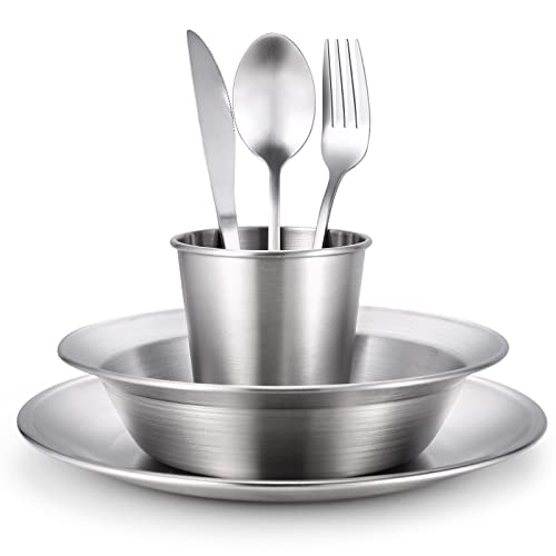 Odoland Stainless Steel Camping Mess Kit for Family & Person, Cooking Tableware Utensils with Plates Bowls Forks Spoons Knives & Savings Bag for Camping, Backpacking, Hiking, Picnic - style: 1 Person Set