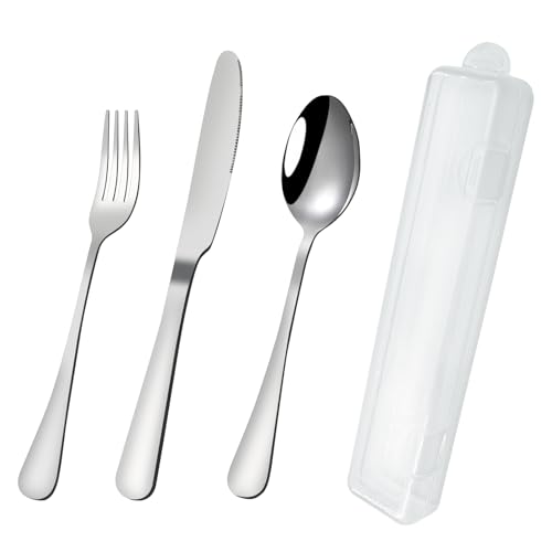 VANRA Travel Utensils Set with Case Portable Silverware Set for Lunch Box Stainless Steel Camping Cutlery Set Reusable 3-Piece Fork Spoon Knife for Work School Picnic (Silver)