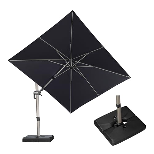 PURPLE LEAF 8' X 10' Left-right Tilting Patio Umbrella with Base Outdoor Swivel Cantilever Offset Aluminum Umbrella with Champagne Frame and 360-degree Rotation for Garden Deck Pool, Navy Blue - color: Navy Blue, size: 8' x 10'(Tilt)