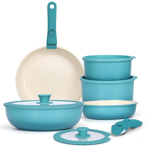 GIPP 11pcs Pots and Pans Set Non Stick, Nonstick Cookware Set Detachable Handle, Ceramic Pots for Cooking Non Stick with Removable Handle, RV Cookware Set for All Stoves, Light Blue Gradient - color: Light Blue Gradient, size: 11PCS