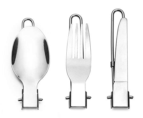 Camp Flatware Sets - Stainless Steel Spoon Fork Knife & Nylon Storage Bag - Foldable + Locking Handle - Ultralight Utensils for Backpacking/Hiking/Camping - 3oz - color: Stainless steel knife fork spoon