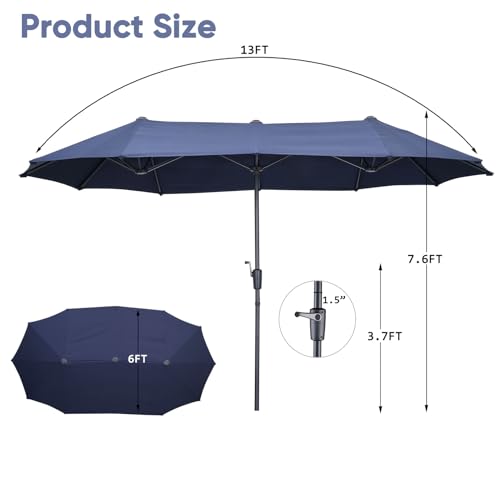 13Ft Large Patio Umbrella Outdoor Double-Sided Market Umbrella w/Easy Crank for Yard, Poolside, Deck, Navy Blue - color: Navy Blue, size: 13FT Umbrella