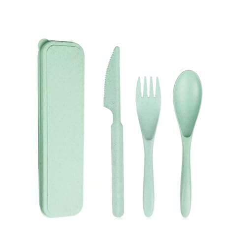 Travel Utensils Set with Case, Reusable Wheat Straw Portable Knife Fork Spoons Tableware, Eco-Friendly BPA Free Cutlery for Camping Picnic Utensils(Green) - color: Green