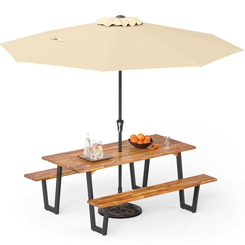 S AFSTAR 70" Acacia Wood Outdoor Picnic Table Set with 10Ft Umbrella & Base, Heavy Duty Wooden Outside Dining Table Set with Bench, All-Weather Patio Dining Set for 6, Garden, Backyard - size: Large