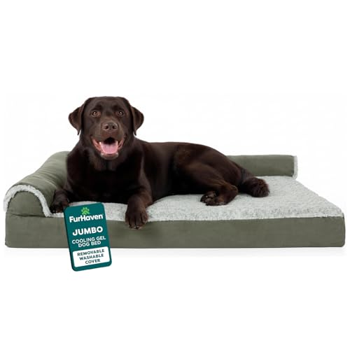 FurHaven Cooling Gel Dog Bed for Large Dogs, L-Shaped Chaise with Cool Gel-Top Foam with a Solid Orthopedic Foam Base for Joint Support, Washable Cover, Jumbo XL, Plush Faux Fur & Suede, Dark Sage - color: (Two-Tone Faux Fur & Suede) Dark Sage, size: Jumb