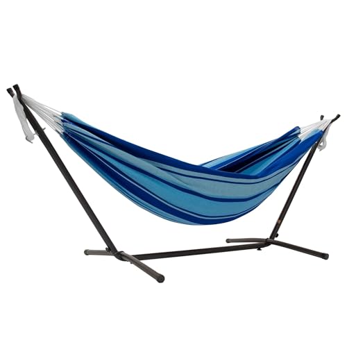Vivere Double Cotton Hammock with Space Saving Steel Stand, Upgraded Polyester End Strings 450 lb Capacity - Premium Carry Bag Included - USA Grown Cotton (Island Breeze) - color: Island Breeze