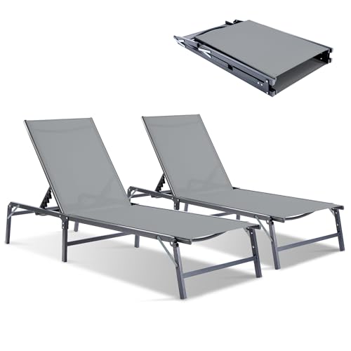 Outdoor Chaise Lounge Chair Set of 2, Foldable & Assemble-Free, 6 Adjustable Positions, Durable Rust-Resistant Frame, Portable Outdoor Pool Lounge Chairs for Pool Patio Beach, Grey - color: Grey, size: 2-Pack（Basic）
