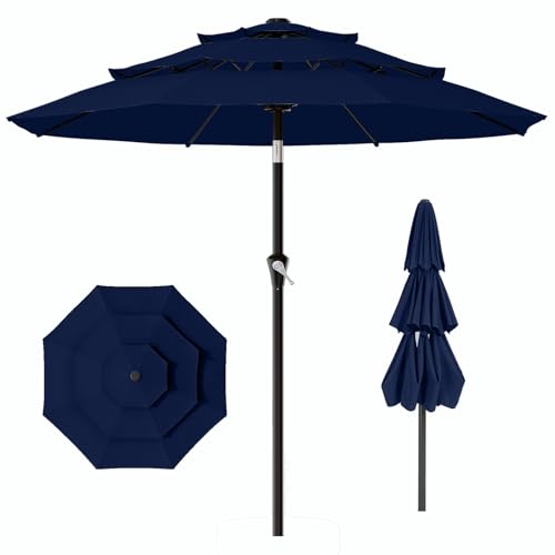 AreShark 9ft 3-Tier Patio Umbrellas, Outdoor Umbrella with 8 Sturdy Ribs UV Protection Windproof, Market Table Umbrella w/Push Button Tilt & Crank for Pool, Porch, Deck, Garden(Navy) - color: Navy