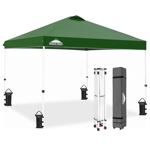 EAGLE PEAK Pop Up Canopy Tent with Wheeled Carry Bag, 8 Stakes, 4 Ropes, 4 Weight Bags, Easy Set Up Tent Canopy, 10x10 ft, 100sqft of Shade, Green - color: Green, size: 10x10