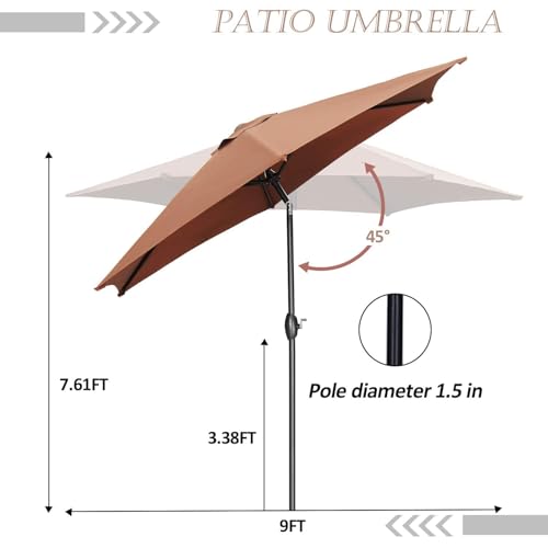 HYD-Parts 9FT Patio Umbrella Outdoor Table Umbrella,Market Umbrella with Push Button Tilt and Crank for Garden, Lawn, Deck, Backyard & Pool, with a Base (Coffee) - color: Coffee, size: Umbrella+Base