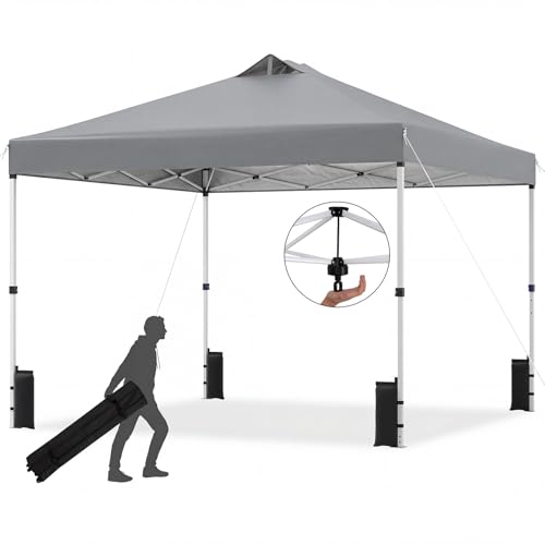 Tangkula 10 x10 Ft Pop Up Canopy with Center Lock, UPF 50+ One-Button Setup Outdoor Canopy Tent with Roller Bag, 4 Sand Bags, Heavy-Duty Steel Frame, 8 Stakes, 4 Ropes for Camping, Picnic - color: Gray