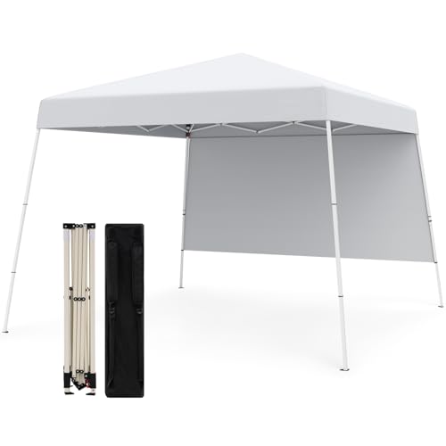 Tangkula 10x10 FT Pop Up Canopy with Sidewall, UPF 50+ Easy Setup Outdoor Tent with Backpack, 4 Stakes, Portable Heavy-Duty Canopy Tent for Party Events Camping Picnic, 10x10 Base, 8x8 Top - color: White, size: 10x10 Ft