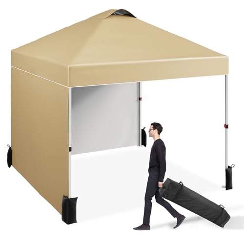 10 x 10 Pop Up Canopy, All Season Instant Canopy with 2 Sidewalls and Vented Roof, Portable Party Tent with Wheeled Carry Bag and Sandbag for Camping, Picnic, Party, Khaki - color: Khaki, size: 2 Side Walls
