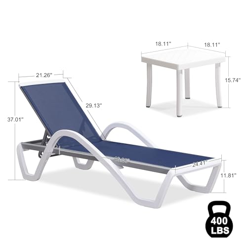 PURPLE LEAF Patio Chaise Lounge Chair Set Outdoor Plastic Textilene Lounger with Side Table 6 Adjustable Positions Sun Bathing Tanning Recliner for Pool Outside Beach in-Pool Lawn Poolside, Navy Blue - color: Navy Blue, style: 1 chair(w/Arms) + 1 table