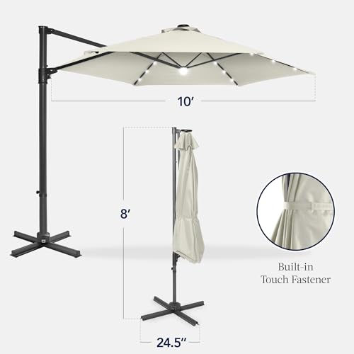 Best Choice Products 10ft Solar LED Offset Cantilever Hanging Market Patio Umbrella, Smooth 360° Rotation, 8 Sturdy Ribs, Easy Adjustment - Ivory - color: Ivory, size: Offset w/ 360° Rotation