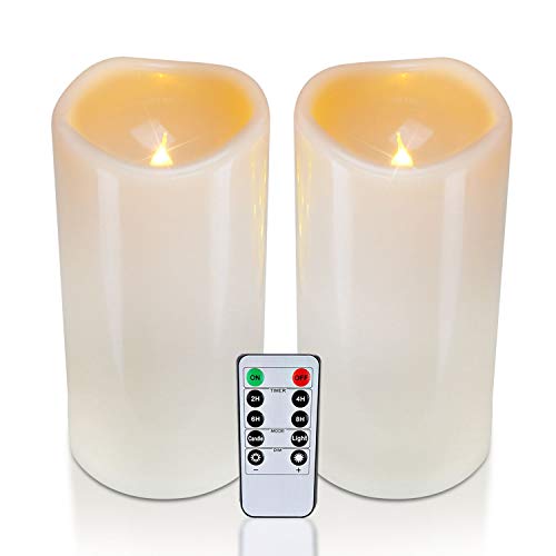 Homemory 4" x 8" Waterproof Outdoor Flameless Candles, Battery Operated Flickering LED Pillar Candles with Remote and Timers for Indoor Outdoor Lanterns, Long Lasting, Large, Dark Ivory, Set of 2 - color: Dark Ivory, size: 4"x 8"
