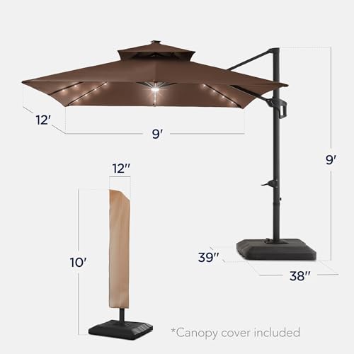 Best Choice Products 9x12ft LED Cantilever Patio Umbrella w/Base Included & 360° Rotation, Large Solar Offset Hanging Outdoor Sun Shade for Deck, Backyard Table w/Stand & Lights – Brown - color: Brown, size: 9x12ft