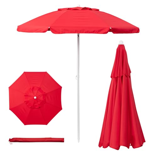 PICNIC TIME 5.5 Ft Portable Beach Umbrella, Lightweight UV Protection Sunshade with Tilt Pole & Carry Bag, Outdoor Canopy Umbrella for Beach, Sand, Pool, Patio, Camping, Travel, or Backyard Shade, (Red) - color: Red