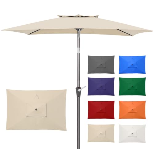 6.6 x 10 ft Rectangular Patio Umbrella, Outdoor Market Table Umbrella with Push Button Tilt and Crank, Double-Tier Vent, 6 Ribs, Rectangle Patio Umbrella for Backyard, Deck, Pool, Fits 4–6 Chairs and Tables (Beige) - color: Beige