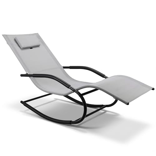 Zero Gravity Rocking Chair Lightweight Lounge Chair Recliner with Detachable Pillow Outdoor Chaise Lounge Chair for Patio, Lawn, Pool, Home Furniture, Grey