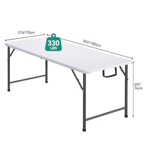 YITAHOME 6FT Folding Table, Outdoor Folding Table w/Heavy Duty HDPE Tabletop, Rectangle Folding Tables w/Portable Carrying Handle for Picnic, Parties, Camping & Indoor Activities, White - color: White