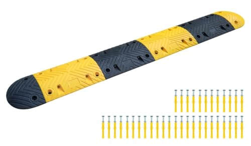 Pittman 14 ft XPT Eco Speed Bump Kit with Cable Channels, Heavy Duty Plastic-Rubber Reflective Black/Yellow Modular Traffic Hump for Asphalt, Concrete, Includes Mounting Hardware - 36 Bolts (755675) - size: 14'