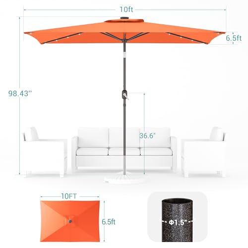 Rectangle Patio Umbrella with Solar Lights, 10 x 6.5ft Rectangular Outdoor Umbrella Table Market Patio Umbrella with Push Button Tilt and Crank for Garden, Deck, Backyard, Pool - color: Orange