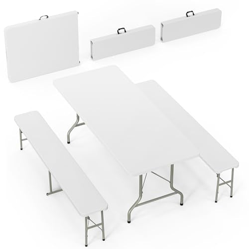 Bonnlo White Folding Picnic Table Set with 2 Benches, 6 Feet Camping Table Chair Set, Modern Portable 3-Piece Furniture for Indoor/Outdoor Use, White Folding Picnic Table with Smooth Tabletop - color: White