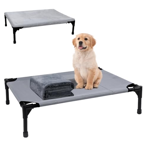 Outdoor Dog Elevated Bed for Large Dogs with Plush Mat, Durable Washable Raised Dog Beds, Indestructible Cooling Dogs Beds, Chew Proof Pet Cot Hammock for Large Breathable Outside (L) - size: Large