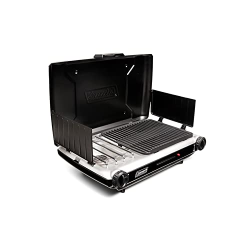 Coleman Tabletop 2-in-1 Grill & Stove with 2 Adjustable Burners, Propane Grill/Stove with Push-Button Starter, Wind Guards, Grease Tray, & 20,000 BTUs of Power for Camping, Tailgating, & More - color: Black, style: Contains PFAS