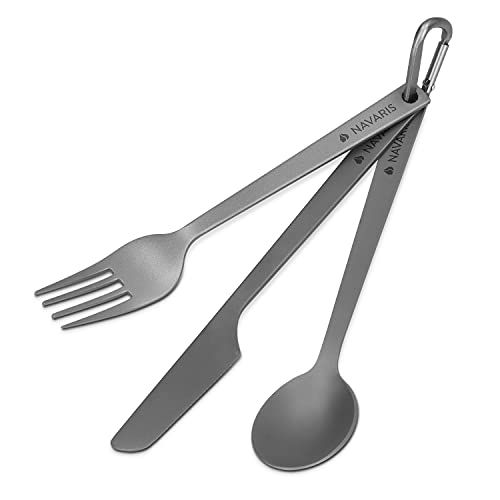 Navaris Titanium Camping Cutlery Set - Lightweight Camping Utensils for One - Knife, Fork and Spoon with Carabiner Clip and Case for Hiking and Travel