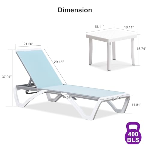 PURPLE LEAF Patio Chaise Lounge Chair Set of 3 Outside Aluminum Plastic Stackable Tanning Chairs for Pool Sunbathing Beach Deck Outdoor Lounger, Light Blue - color: Light Blue, style: 2 chairs + 1 table
