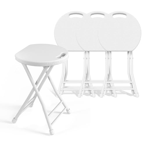 Folding Stool, 18 Inch Foldable Stool with Handle & Steel Frame, Pack of 4 Folding Bar Stools, 440lbs Sturdy Foldable Lightweight Metal Chair for Camping, Indoor and Outdoor, White - color: White, size: Pack of 4