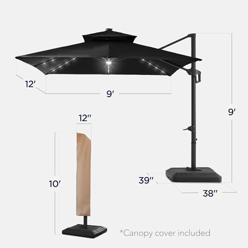 Best Choice Products 9x12ft LED Cantilever Patio Umbrella w/Base Included & 360° Rotation, Large Solar Offset Hanging Outdoor Sun Shade for Deck, Backyard Table w/Stand & Lights – Black - color: Black, size: 9x12ft