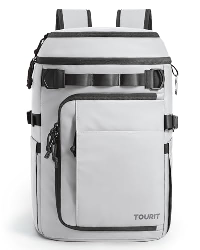 TOURIT 38 Cans Backpack Cooler: Leak Proof Waterproof 2 Insulated Compartments Soft Cooler Bag Beach Travel Camping Picnic, Sports Fan Coolers - color: Light Gray