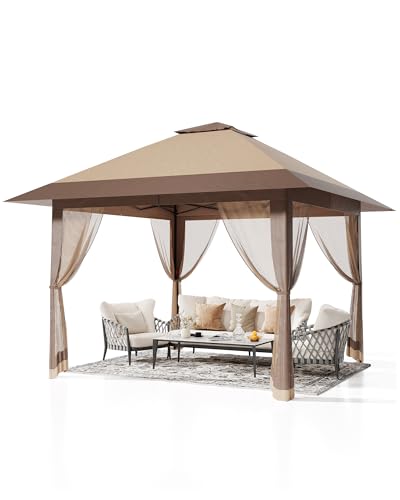 13x13FT Pop-Up Gazebo Canopy Tent - Double Roof, Mosquito Netting, Adjustable Height, UV-Resistant, Heavy Duty, Waterproof, Portable for Patio, Garden, Camping, Party - Khaki + Light Khaki - color: Khaki + Light Khaki