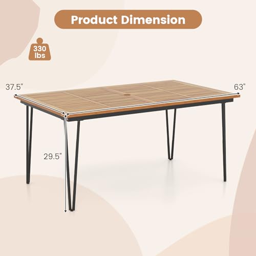Tangkula 63" Large Patio Dining Table for 6, Acacia Wood 6-Person Dining Table with 2" Umbrella Hole & Metal Legs & Adjustable Foot Pads, Rectangular Outside Table for Garden, Poolside & Backyard - size: 63"