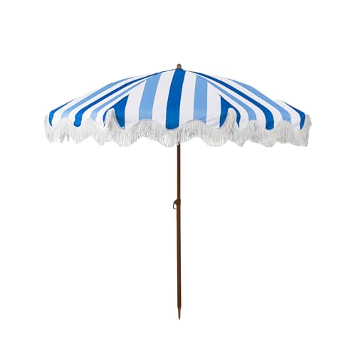 Rayjee 6.5FT Patio & Beach Umbrella with Fringe, Outdoor Sun Umbrella with Tilt & Adjustable Height, Aluminum Pole Market Umbrella for Garden, Deck, Pool & Beach - color: Blue and white stripes