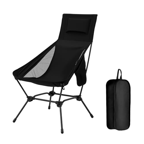 High Back Folding Camping Chair with Pillow, Lightweight Portable Chair for Adults, 2-in-1 Height Adjustment, Deep Recline, Side Pockets for Camping Motorcycle RV Backpacking - color: Black - High Back