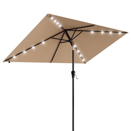 AreShark 6.5' x 10' Rectangular Patio Umbrella with Solar Lights, Solar Powered Lighted Market Umbrella w/Tilt and Crank, Outdoor Table Umbrella for Garden, Deck, Backyard, Pool and Beach, Beige - color: Beige, size: 6.5 X 10 FT