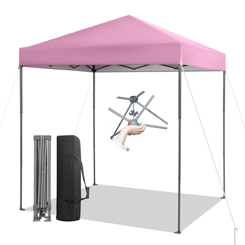 Tangkula 6.6x6.6 Ft Pop Up Canopy, 1 Person Instant Setup Canopy Tent with Center Lock, UPF 50+ Sun Protection, 8 Stakes, 4 Ropes, Portable Outdoor Canopy with Carrying Bag - color: Pink, size: 6.6x6.6FT