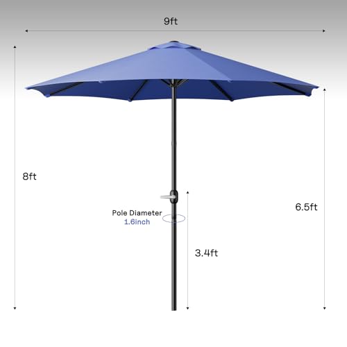 LEVELEVE 9FT Outdoor Patio Umbrella with Easy Crank - UV Resistant & Waterproof Market Umbrella with Ventilated Canopy, 8 Sturdy Ribs & Powder-Coated Frame for Garden, Deck, Backyard, Pool, Patio Table - color: Dark Blue, size: 9FT