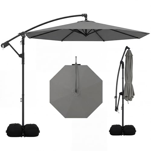 Tangkula 10ft Patio Umbrella with Base Included, Offset Cantilever Outdoor Umbrella with 360 Degree Rotation, Crank Handle, Sun-Protective Canopy for Pool Deck Garden Backyard (Gray) - color: Gray, size: 10 FT